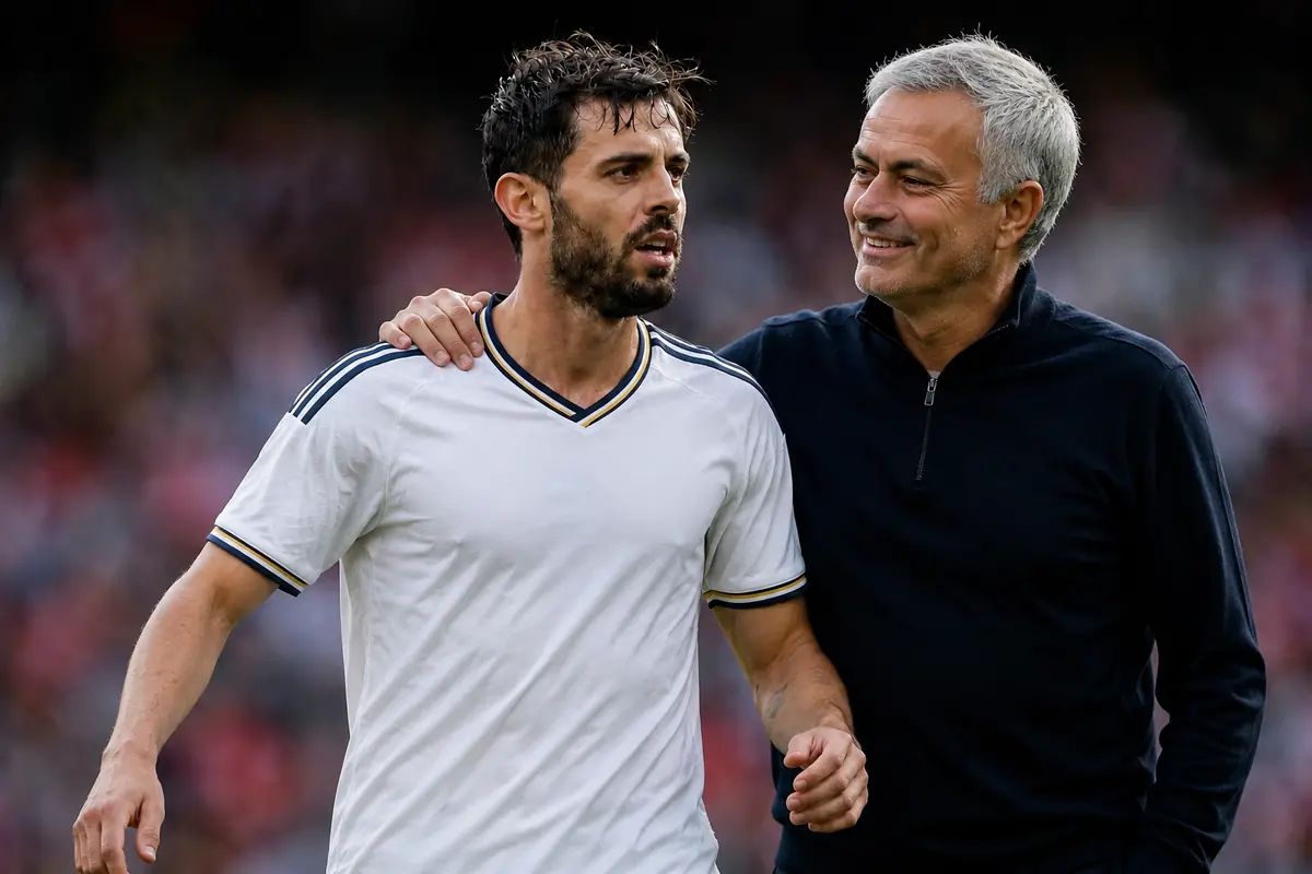 Mourinho, futuro allenatore del Real Madrid, abbraccia Bernardo Silva