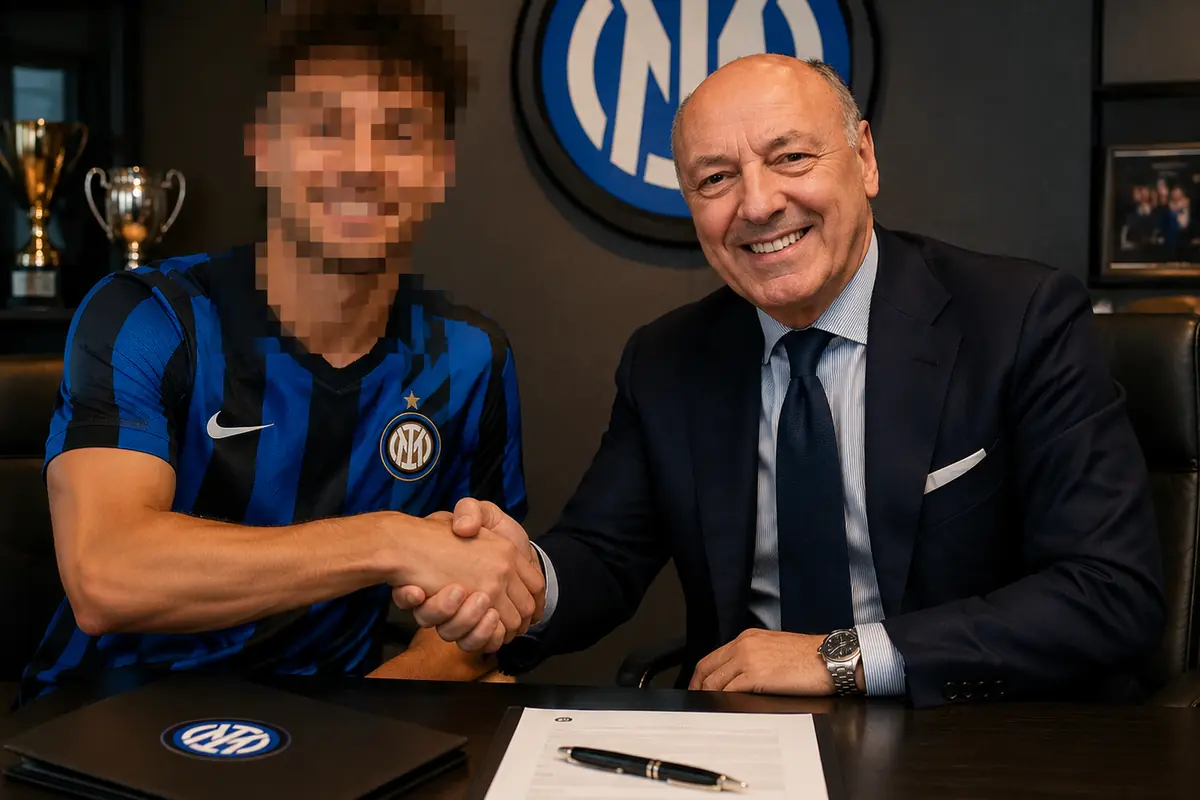 Marotta stringe la mano ad un calciatore dopo la firma del contratto con l'Inter