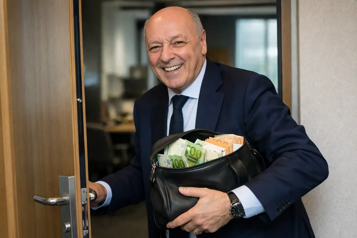Marotta con una valigetta piena di soldi, immagine creata con intelligenza artificiale