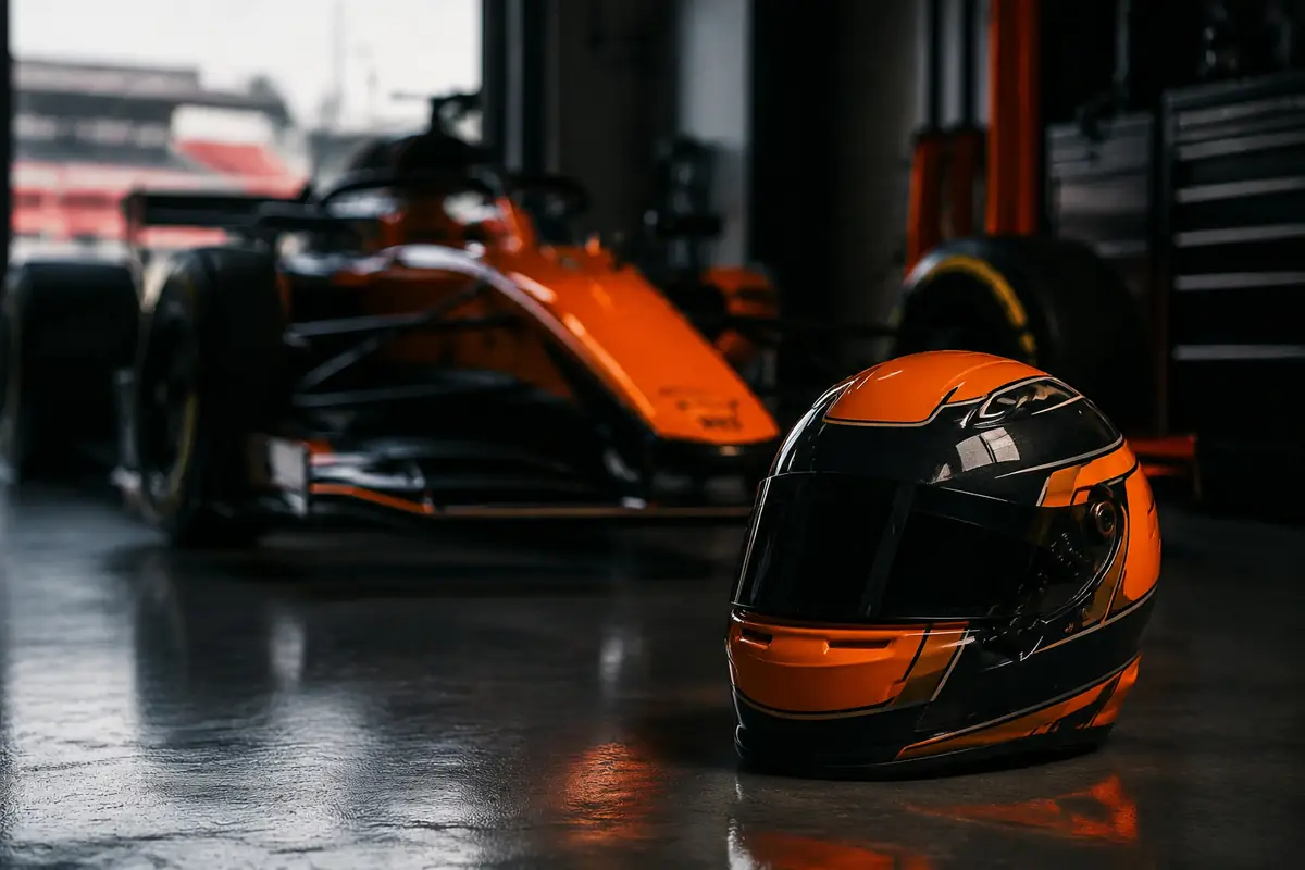 Una monoposto e un casco a terra in un box