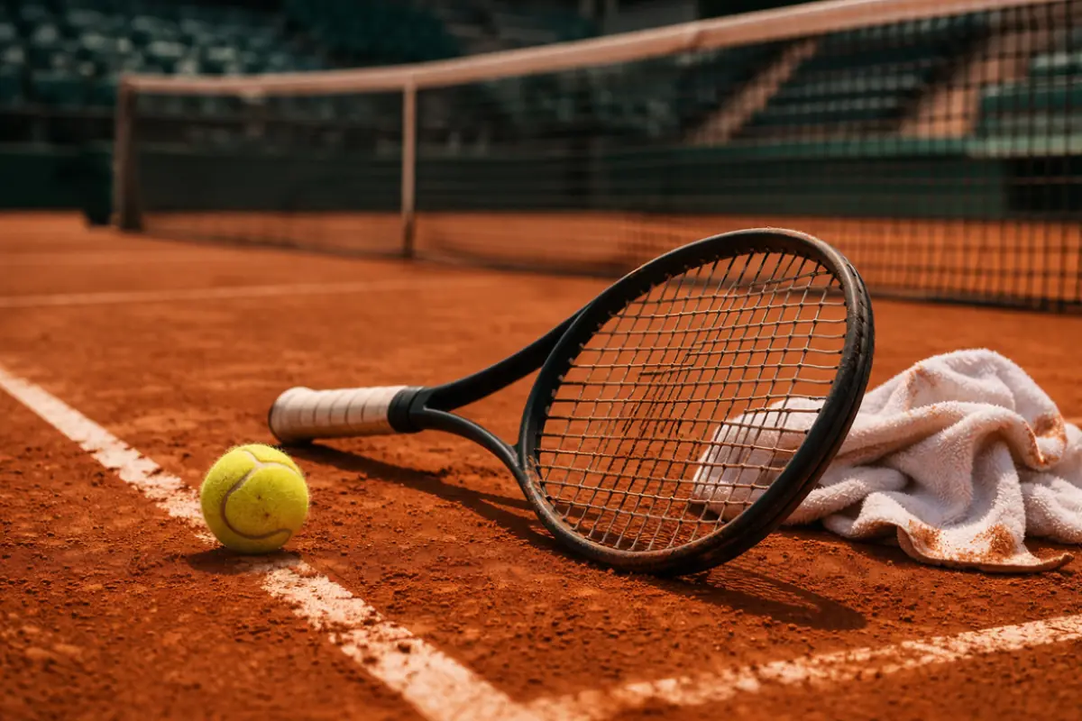 Racchetta da tennis e una pallina su un campo