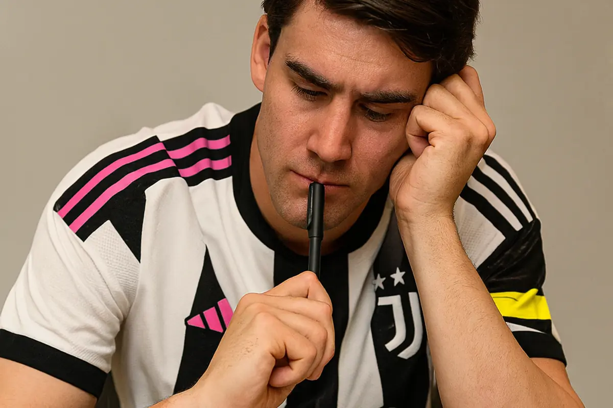 Il rinnovo con la Juve non arriva, Vlahovic dubbioso con una penna in mano